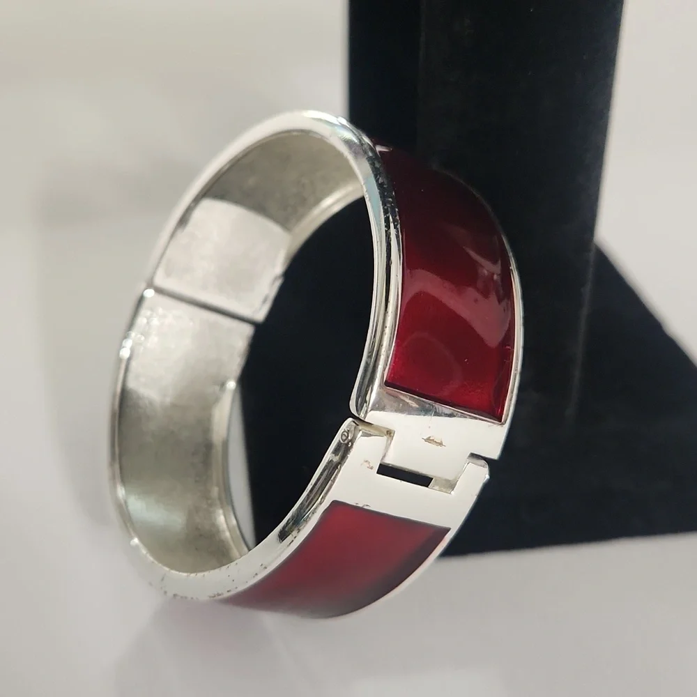 Silver & Deep Red Merlot Enamel Hinge Bangle Bracelet – Modern Statement Cuff - Picture 1 of 8